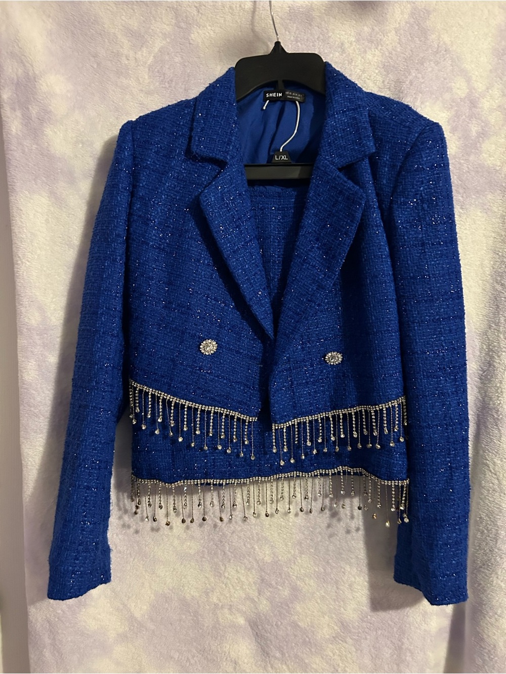 SHEIN Royal Blue Cropped Tweed Blazer and Skirt with Beaded Fringe